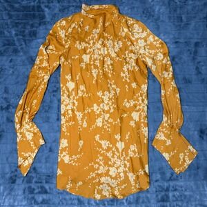 Free People Mustard Yellow Floral Deep V-Neck Long Sleeve Blouse Size M